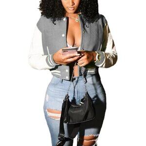 Women's Varsity Jacket Long Sleeve Button Down Bomber Jacket Streetwear Grey